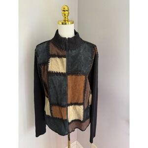 Women's Parisian Works Leather Patchwork Front Zip Sweater Size L Brown Tan Blk
